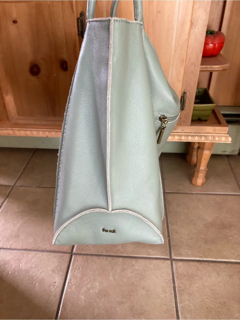 The Sak Leather Tote Bag in Light Sage with Contrast Brown Handles